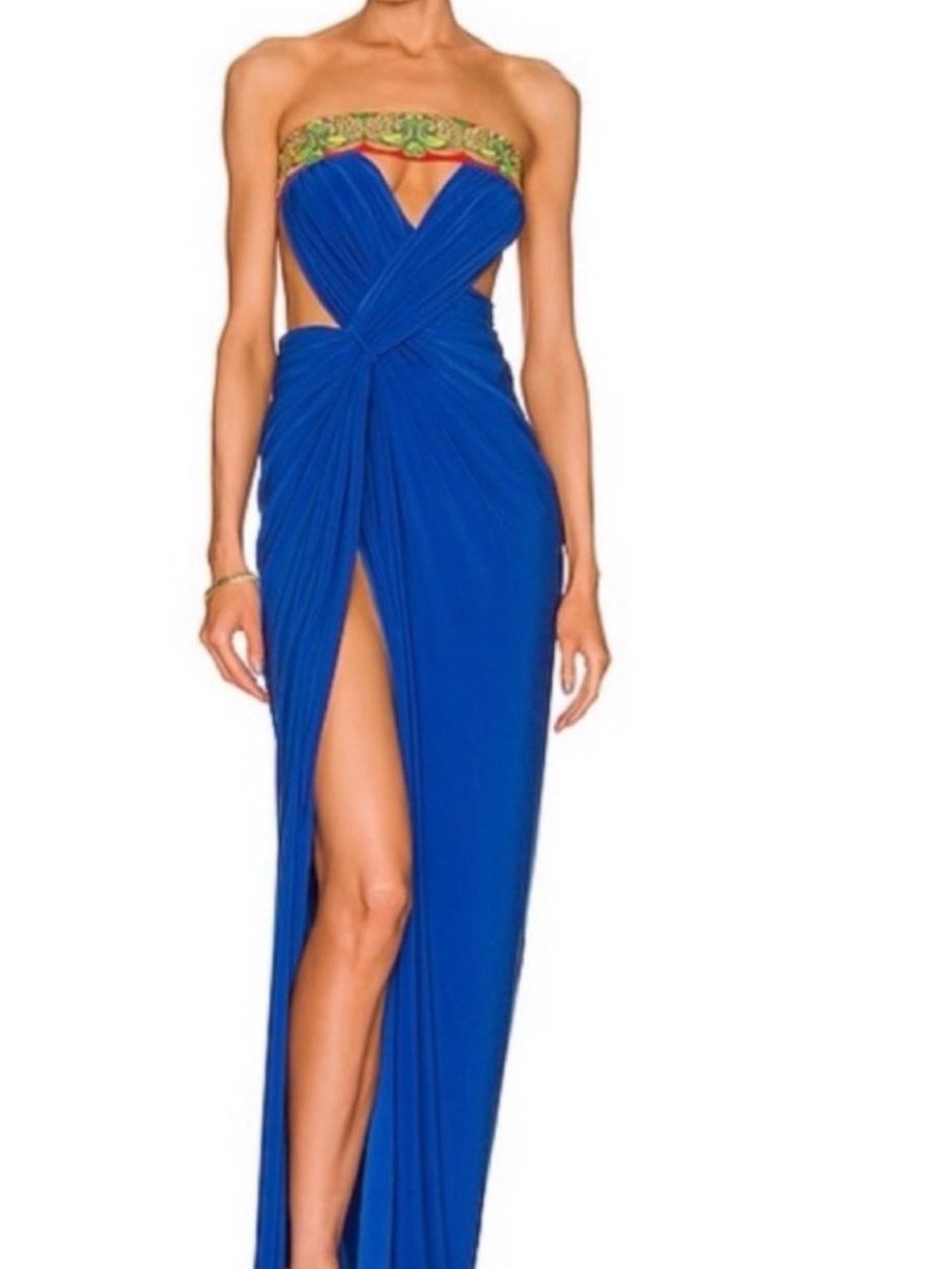 Strapless Royal Blue Evening Gown with Embellished Bandeau Detail